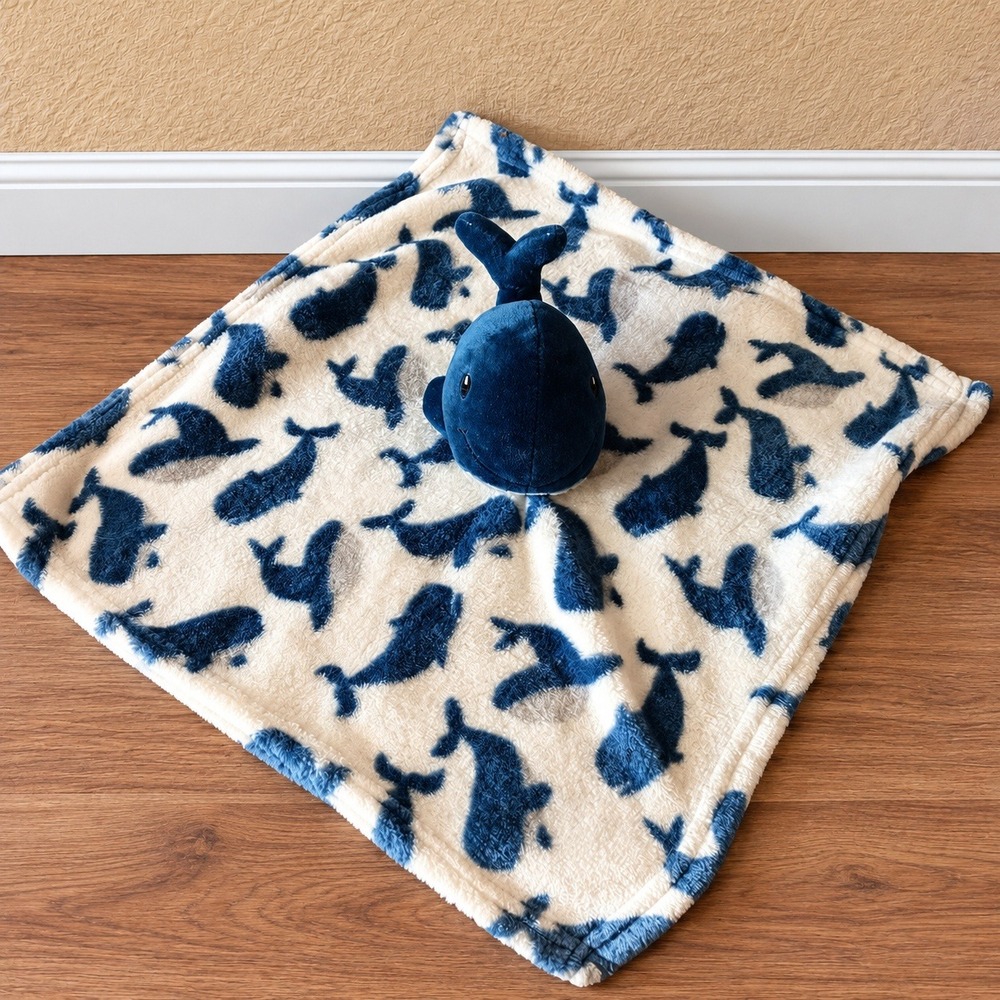 HB Baby Blue White Whale Lovey Plush Security Blanket HTF Nautical Nursery